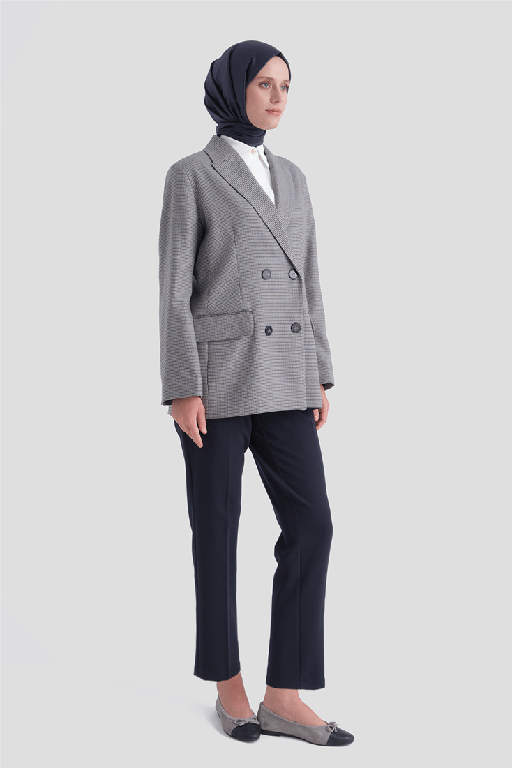 Pullu Ekose Desen Blazer Ceket Gri 