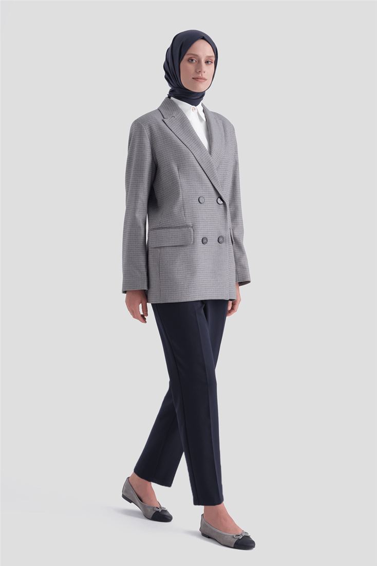Pullu Ekose Desen Blazer Ceket Gri 