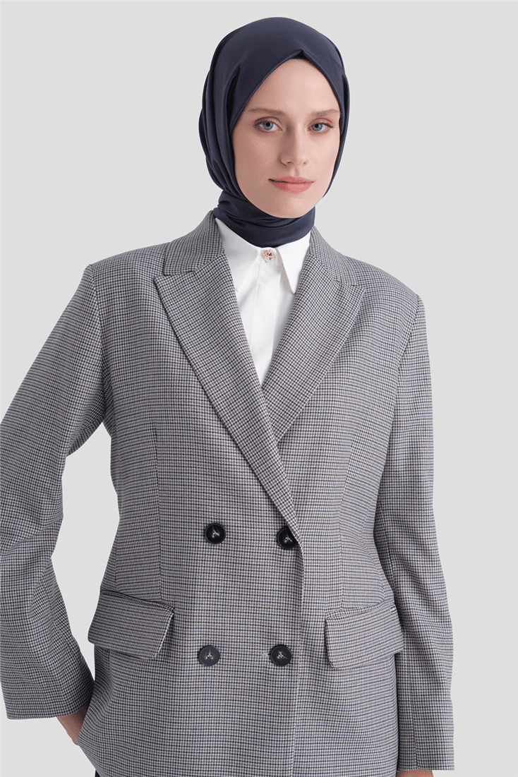 Pullu Ekose Desen Blazer Ceket Gri 