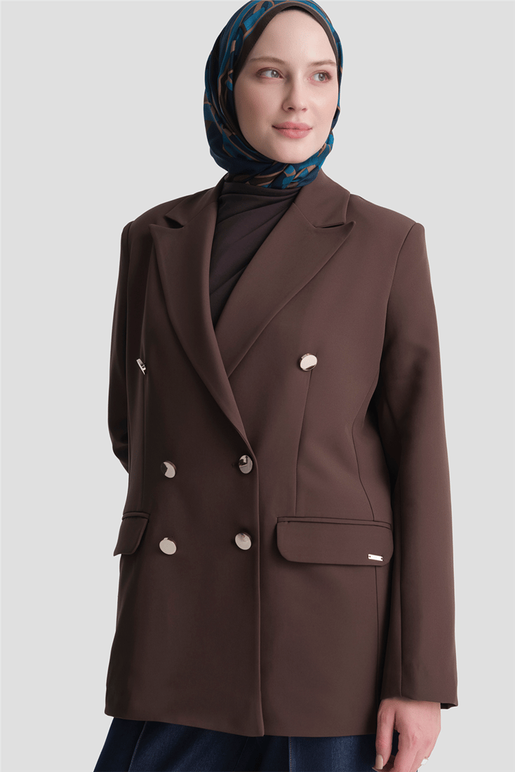 Gold Düğmeli Blazer Ceket Kahverengi 