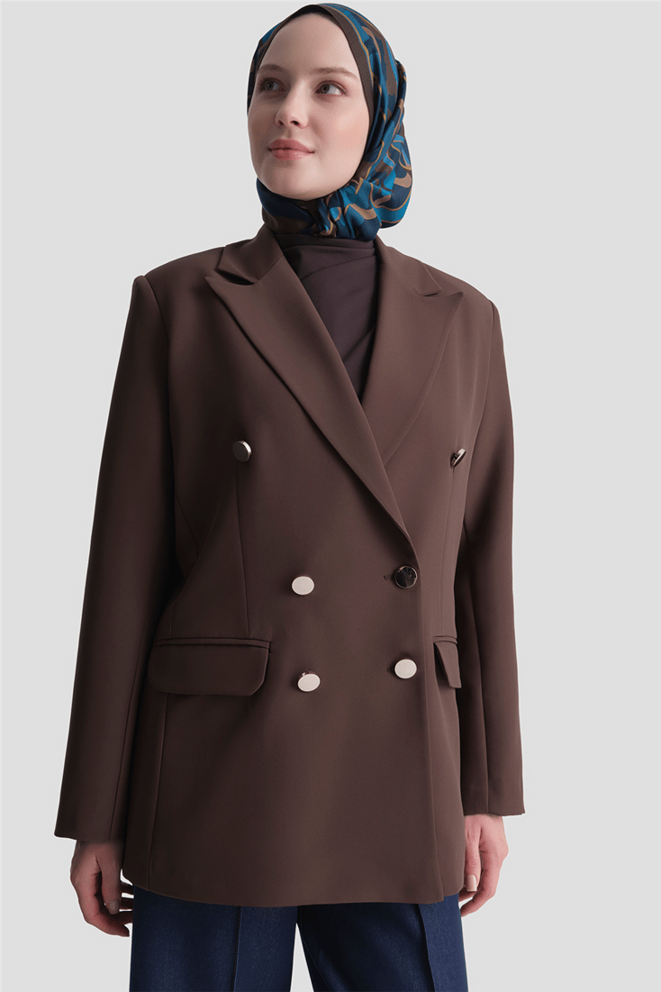 Gold Düğmeli Blazer Ceket Kahverengi 