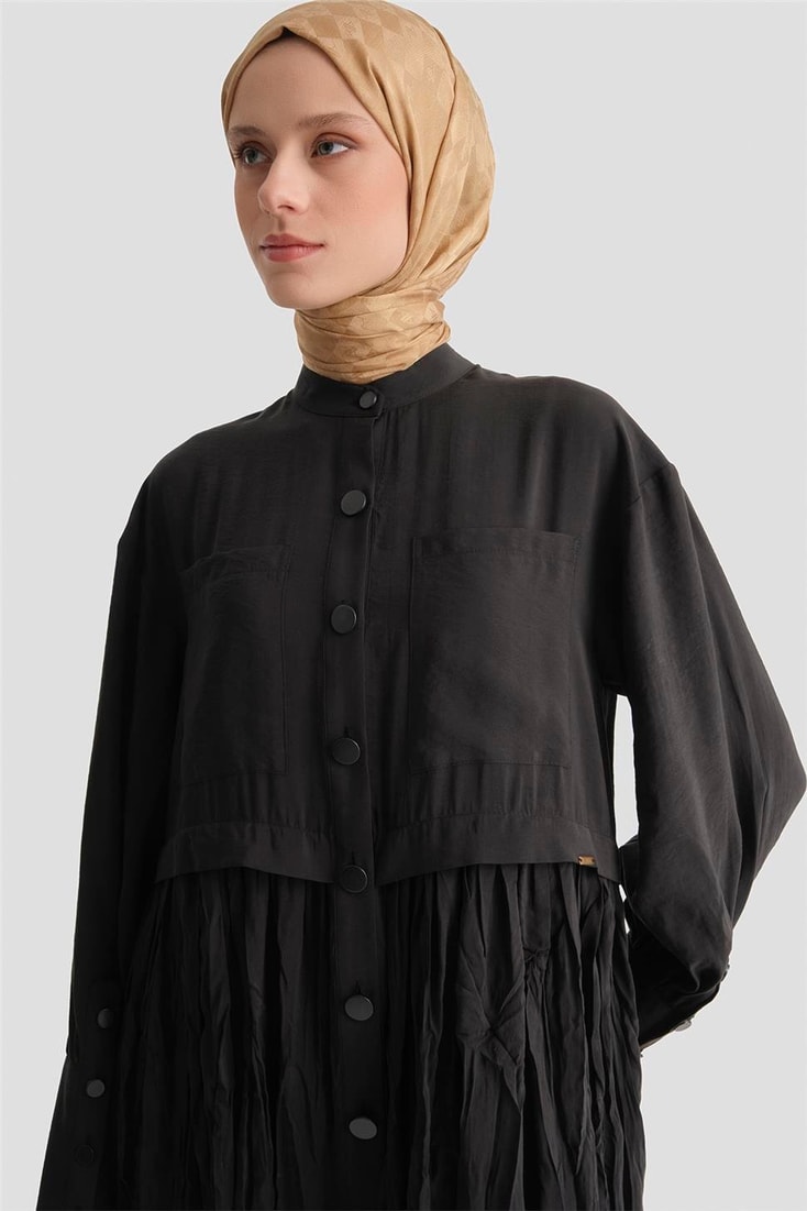 Kırışık Efektli Kupra Elbise Siyah