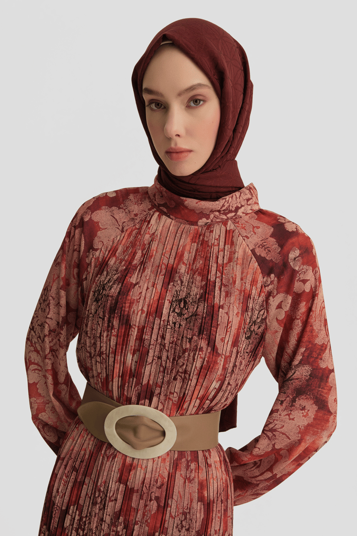 Desenli Elbise Bordo 