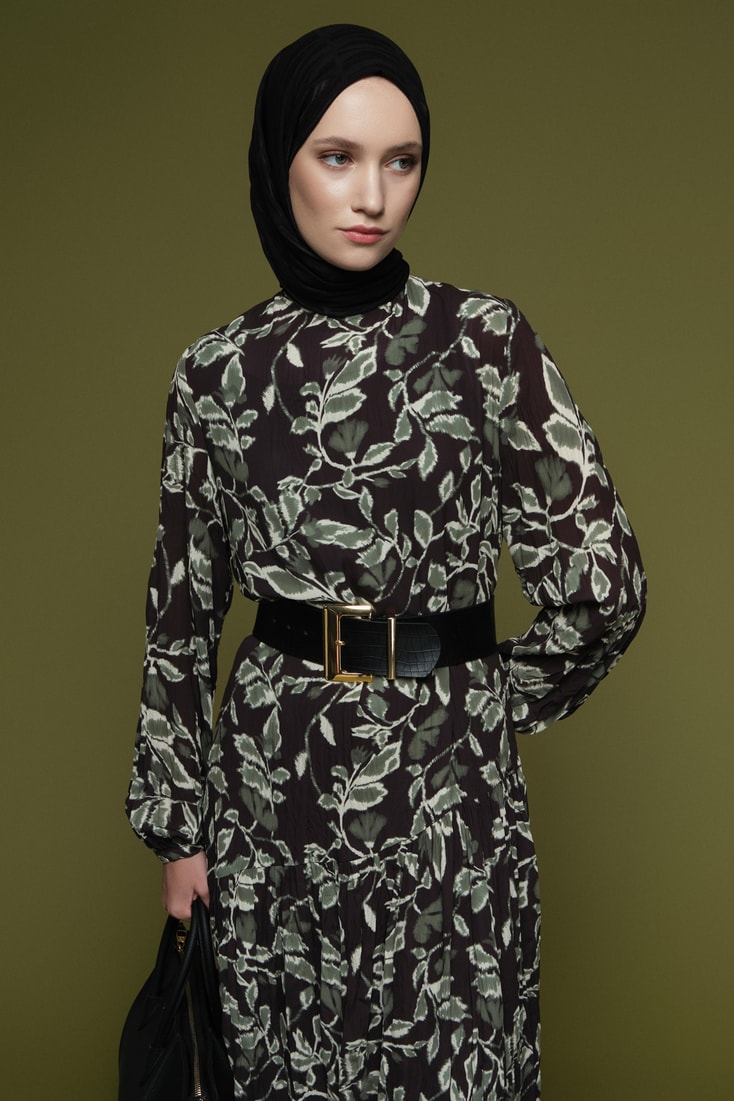 Çiçek Desenli Kırışık Görünümlü Elbise Yeşil