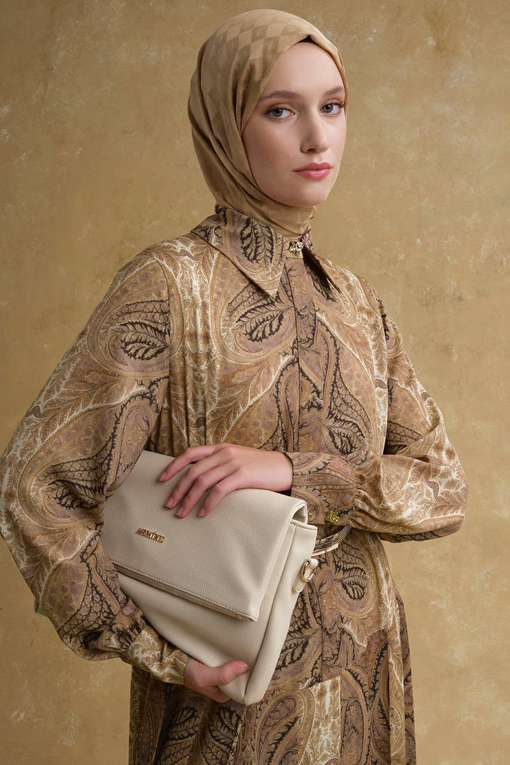 Şal Desenli Elbise Camel