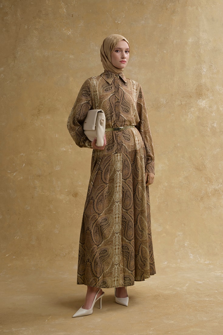 Şal Desenli Elbise Camel