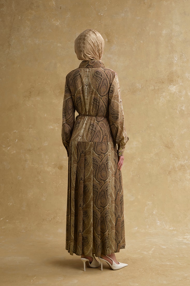 Şal Desenli Elbise Camel