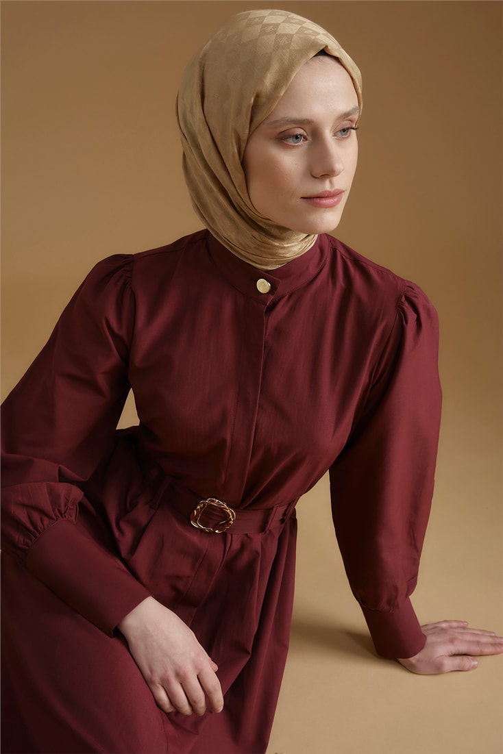 Gold Düğmeli Kemerli Poplin Elbise Bordo
