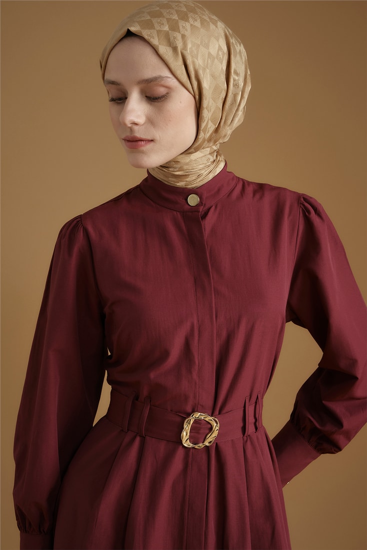 Gold Düğmeli Kemerli Poplin Elbise Bordo