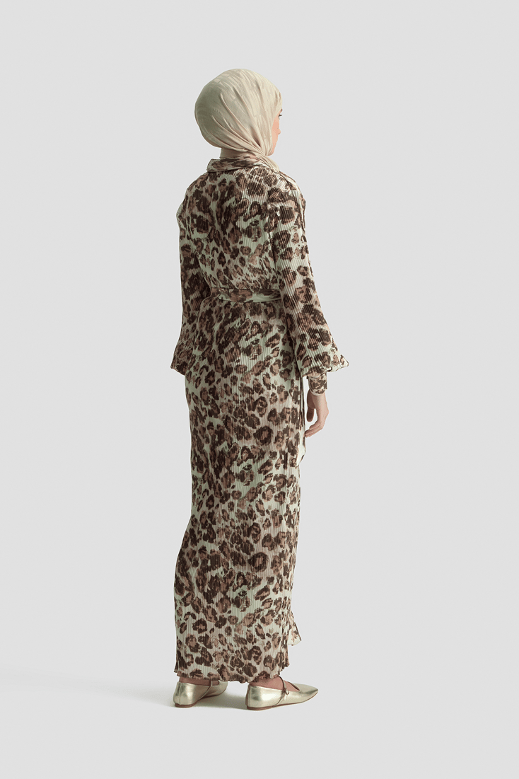 Leopar Desenli Elbise Camel 