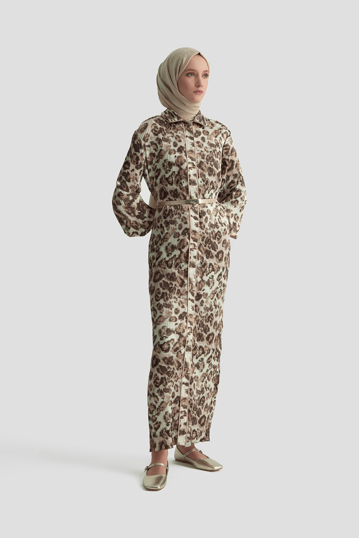 Leopar Desenli Elbise Camel 