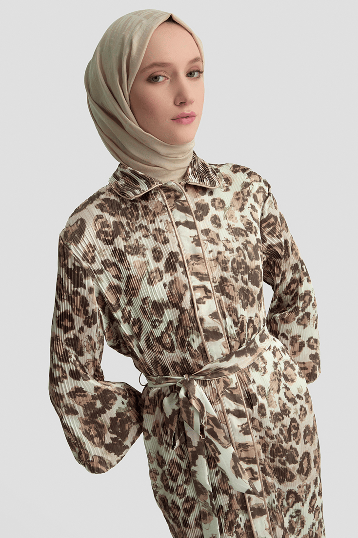 Leopar Desenli Elbise Camel 