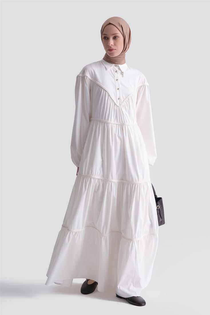 Oversize Katlı Poplin Elbise Ekru