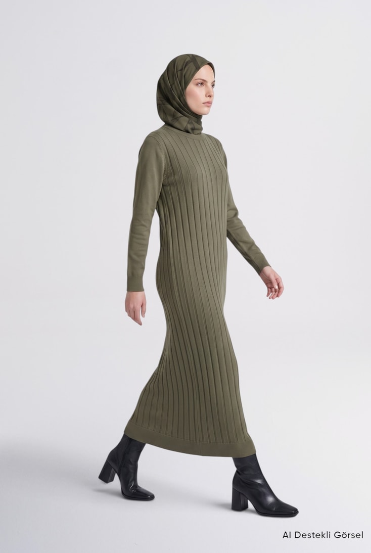 Regular Fit Triko Elbise Haki 