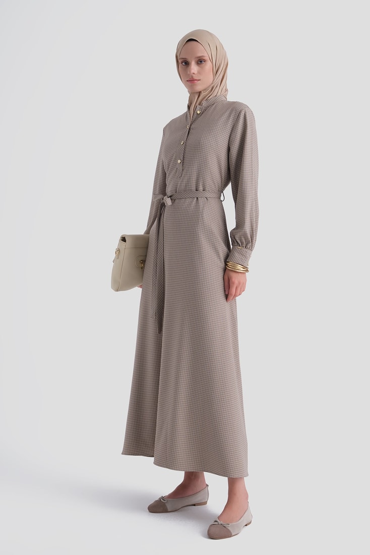 Ekose Desenli Elbise Camel 