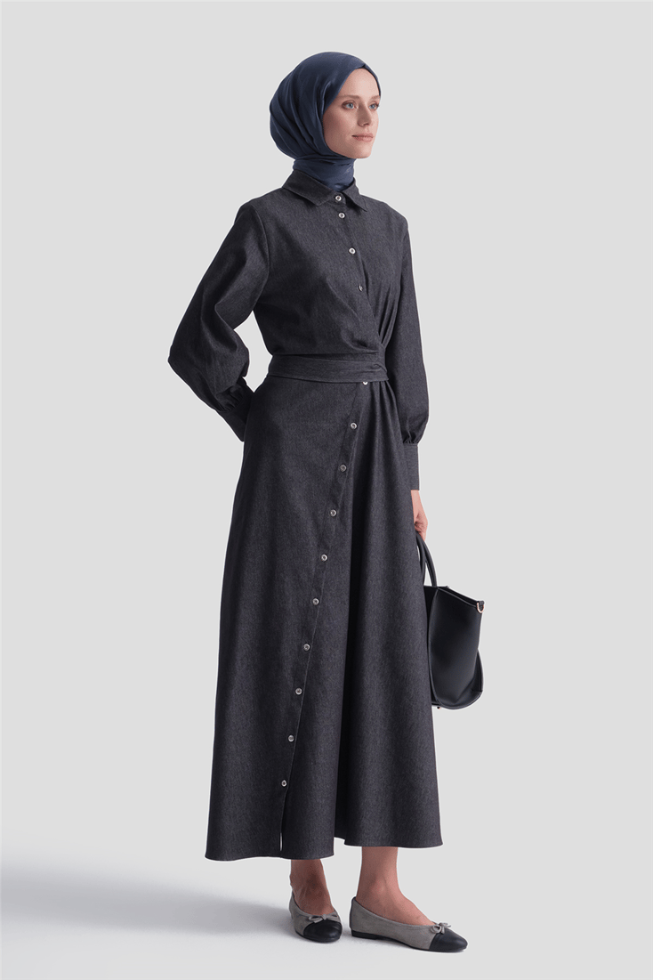 Bağlamalı Denim Elbise Lacivert 
