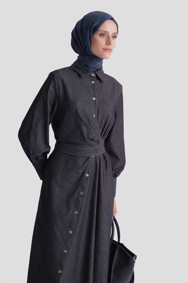 Bağlamalı Denim Elbise Lacivert 