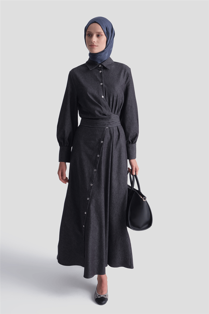 Bağlamalı Denim Elbise Lacivert 