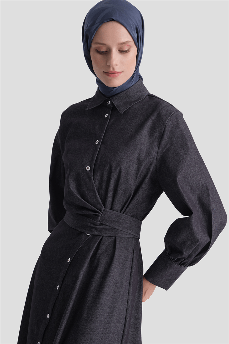 Bağlamalı Denim Elbise Lacivert 