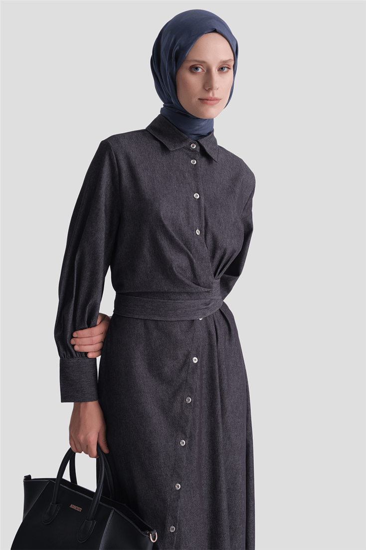 Bağlamalı Denim Elbise Lacivert 