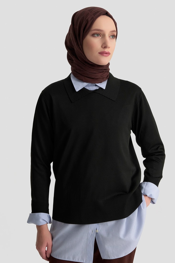 Polo Yaka Triko Kazak Siyah 