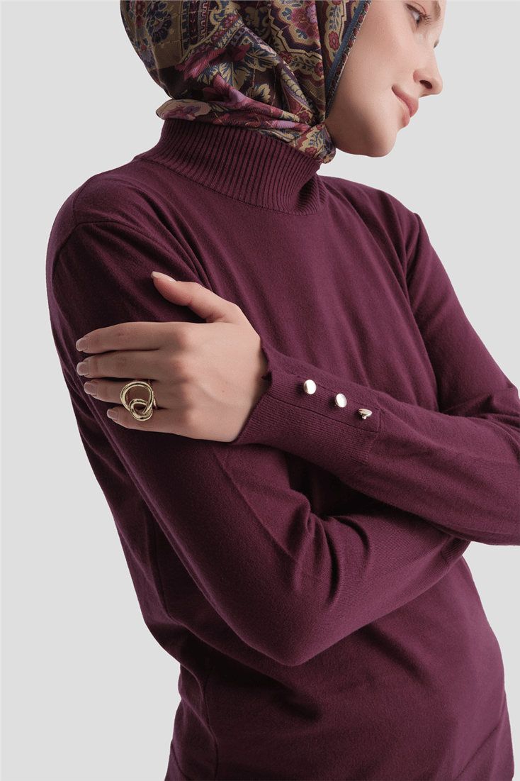 Düğme Detaylı Basic Kazak Bordo 