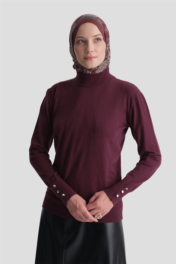 Düğme Detaylı Basic Kazak Bordo 