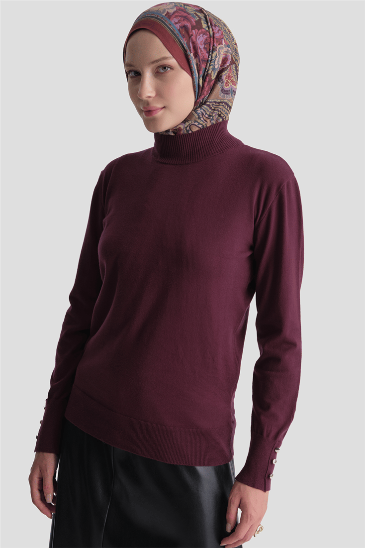 Düğme Detaylı Basic Kazak Bordo 