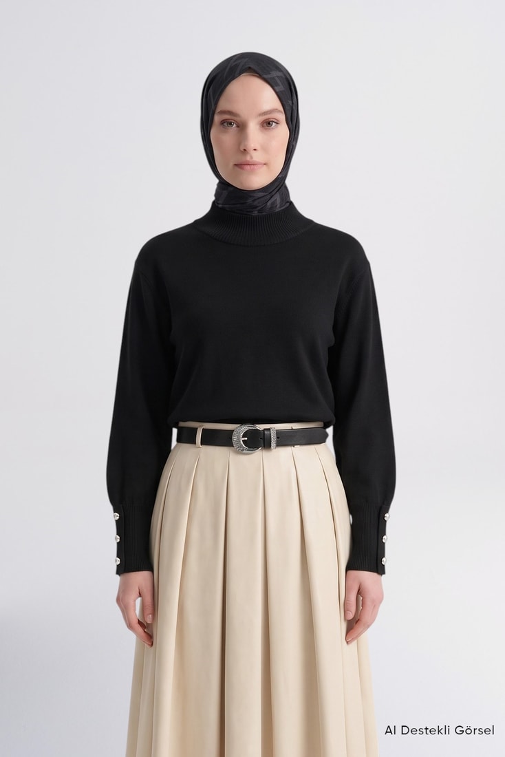 Düğme Detaylı Basic Kazak Siyah 