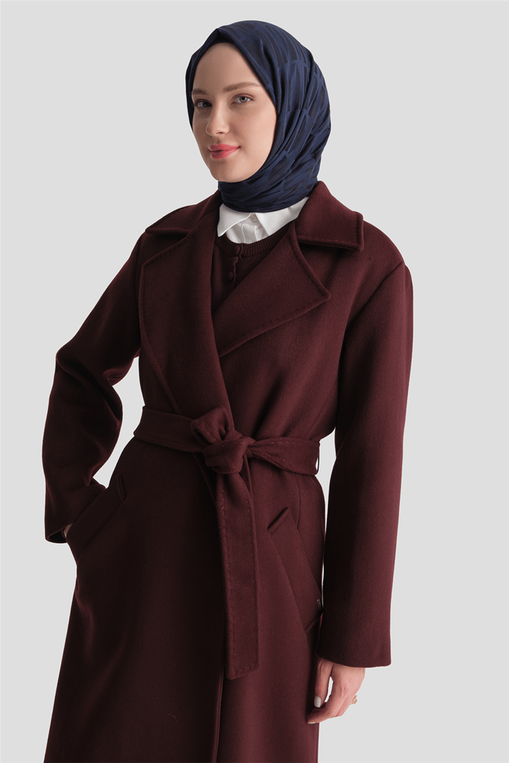 Uzun Yün Kaşe Kaban Bordo 