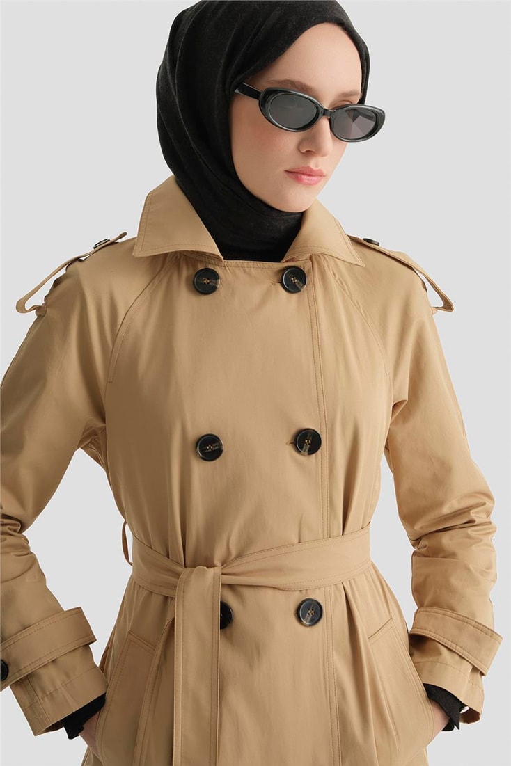 Düğmeli Basic Trençkot Camel