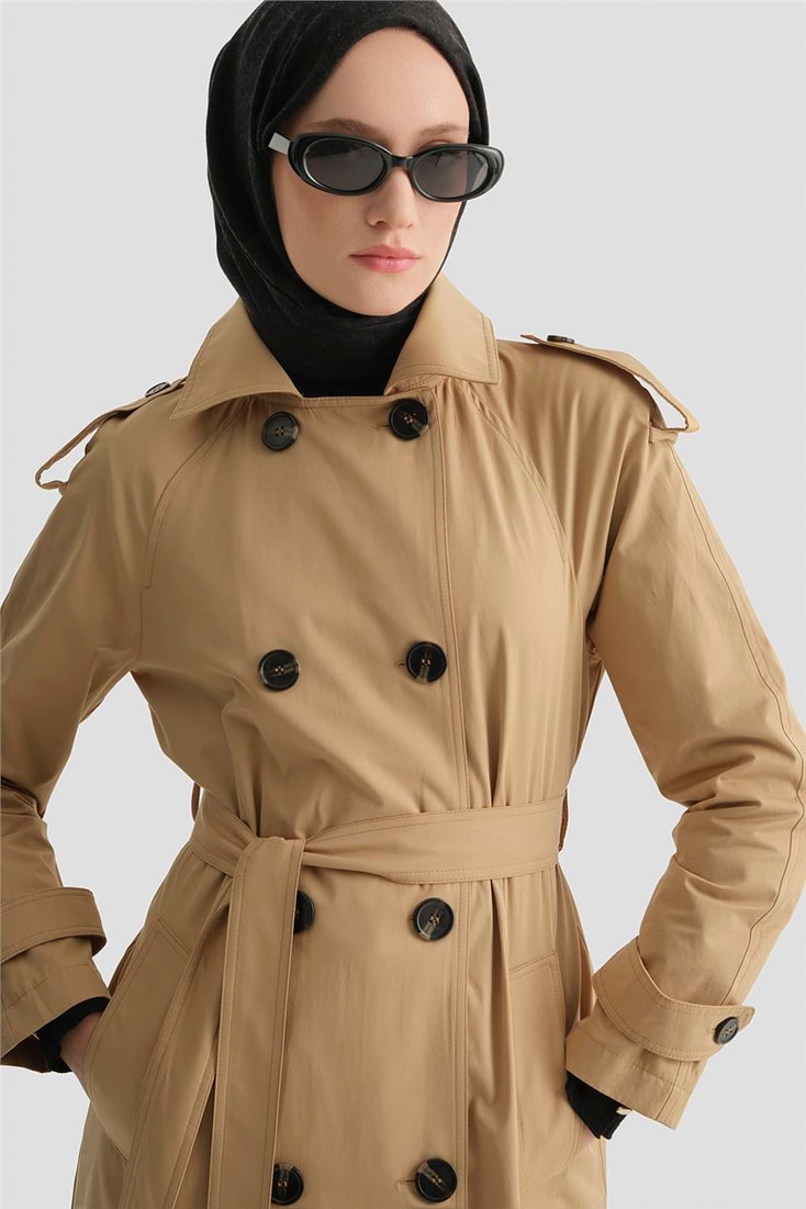 Düğmeli Basic Trençkot Camel