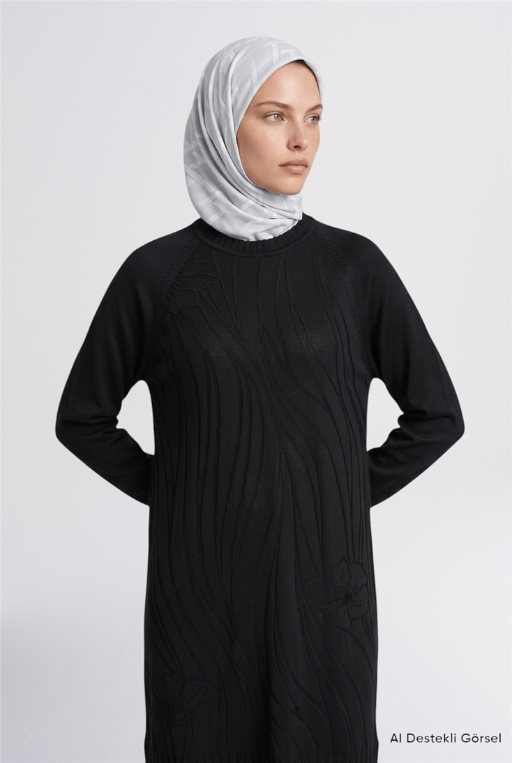 Jakar Desenli Triko Tunik Elbise Siyah 