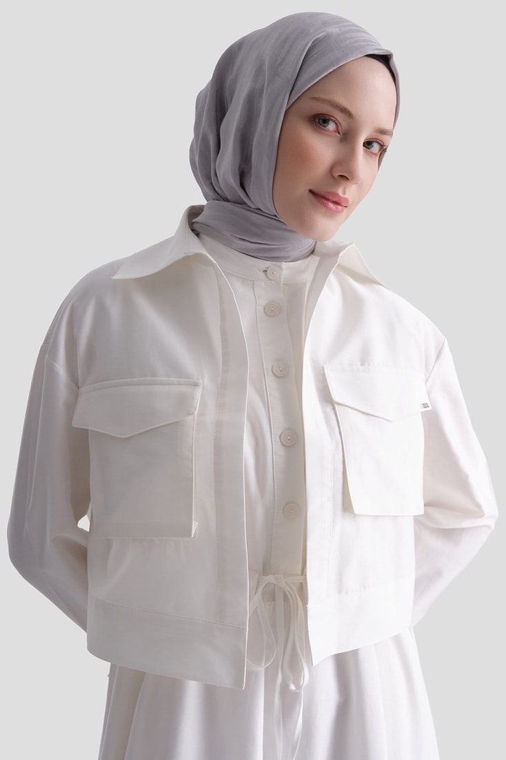 Ceketli Poplin Elbise Takım Ekru