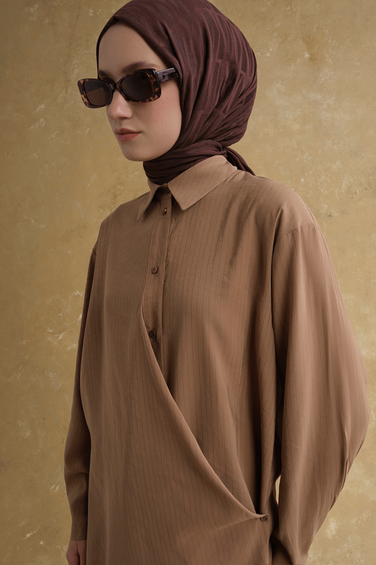 Viskon Karışımlı Çizgili Takım Camel 