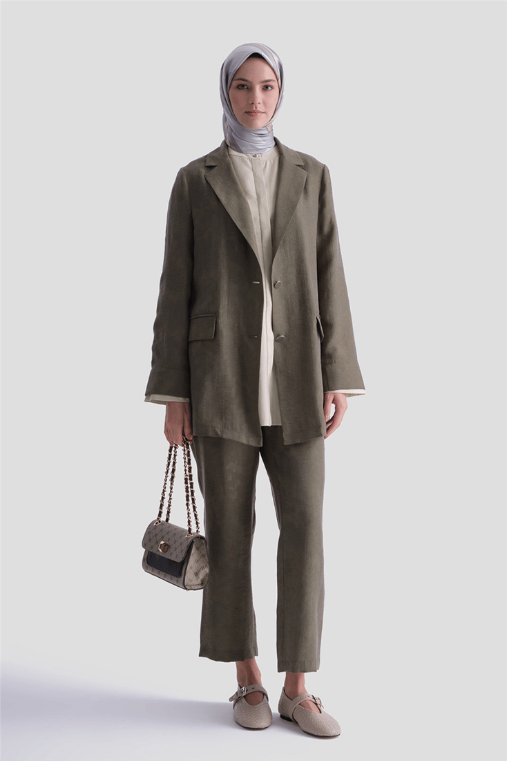 Jakarlı Lyocell Blazer Takım Haki 