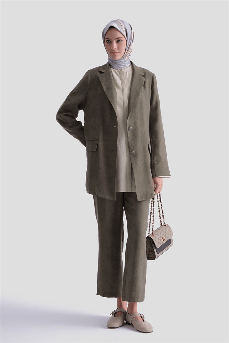 Jakarlı Lyocell Blazer Takım Haki 