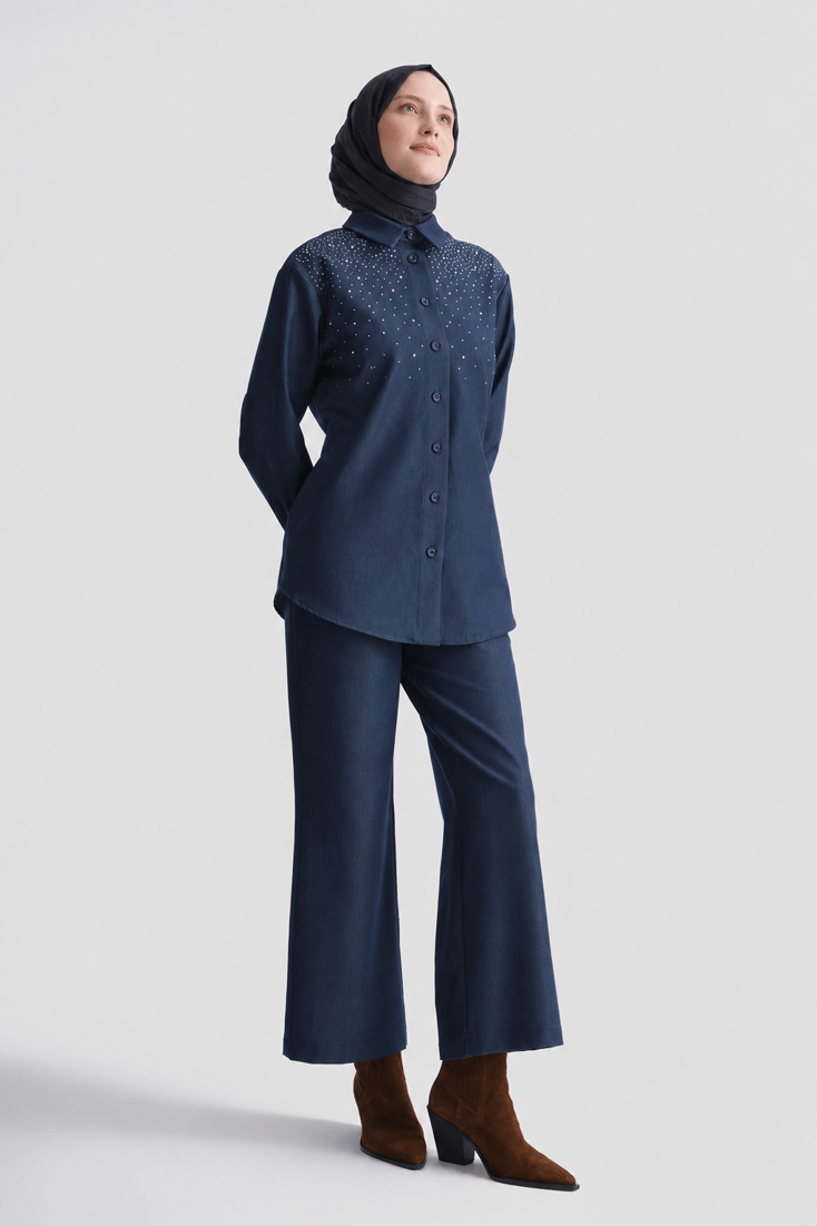 Taş İşlemeli Denim Efektli Takım Lacivert 