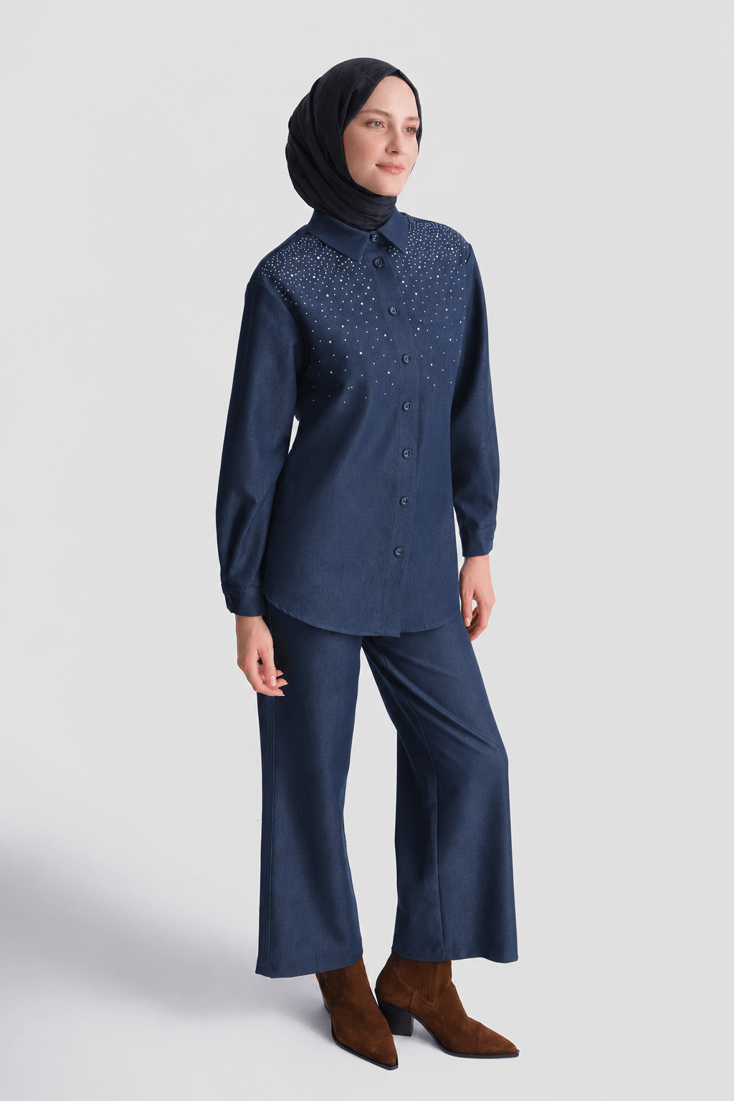 Taş İşlemeli Denim Efektli Takım Lacivert 
