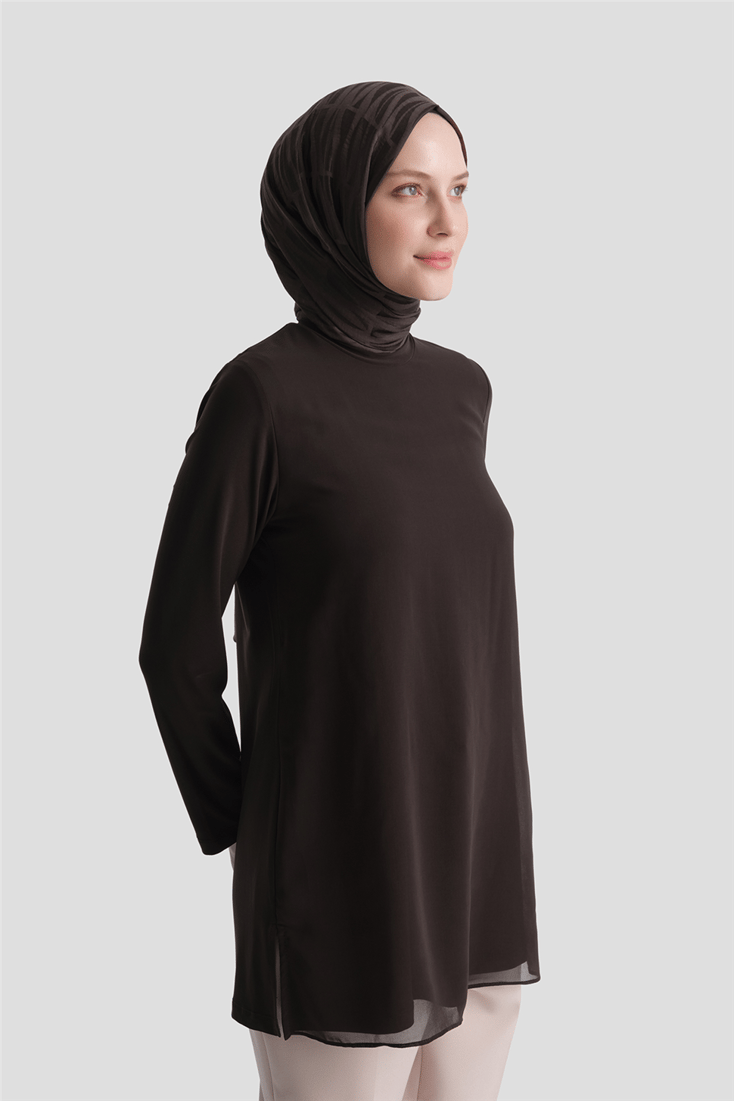 Şifon Detaylı Tunik Kahverengi 