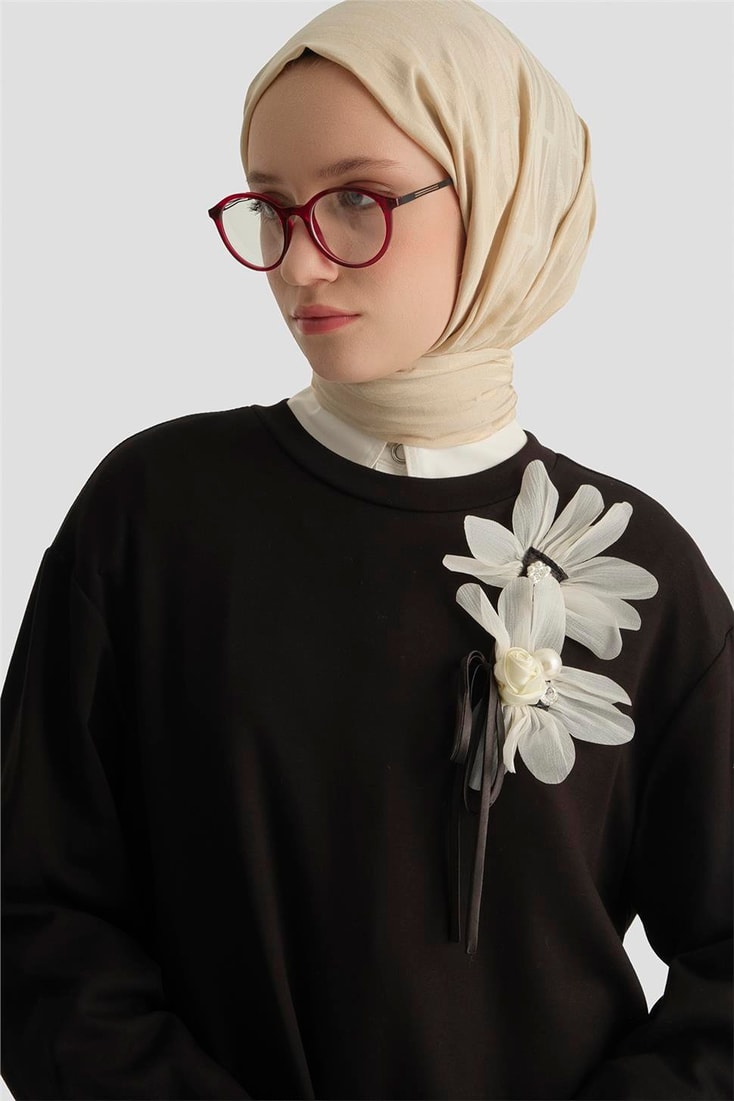 Armine Çiçekli Modal Örme Tunik Siyah