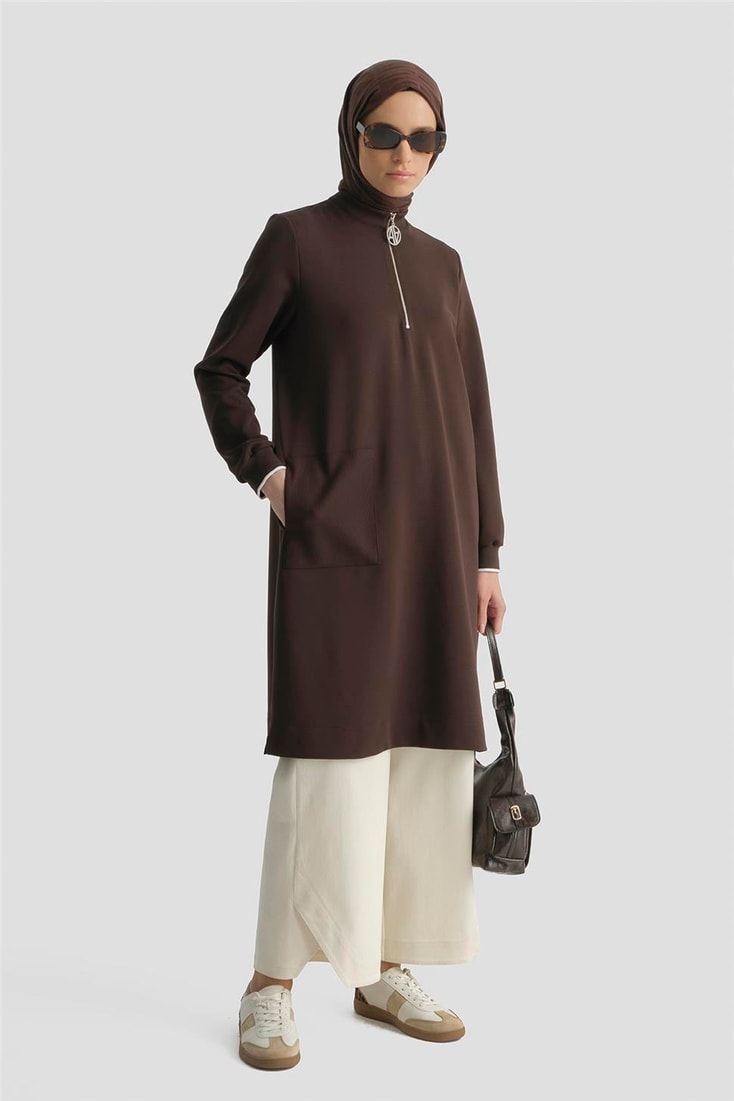 Armine Fermuar Detaylı Tunik Kahve
