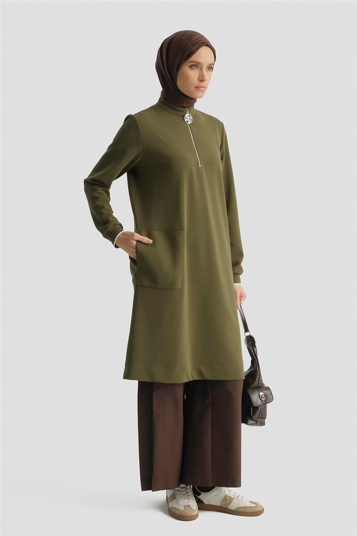 Armine Fermuar Detaylı Tunik Yağ Yeşili