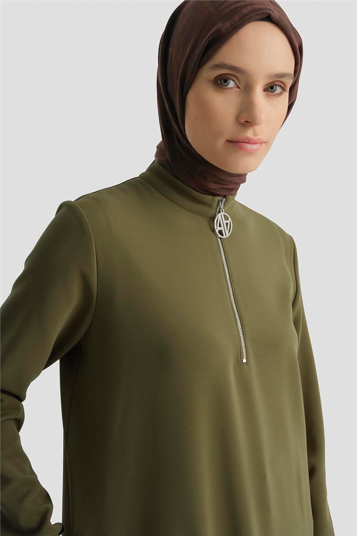 Armine Fermuar Detaylı Tunik Yağ Yeşili