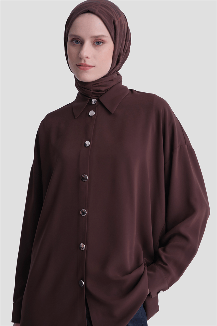 Metal Düğmeli Oversize Tunik Acı Kahve