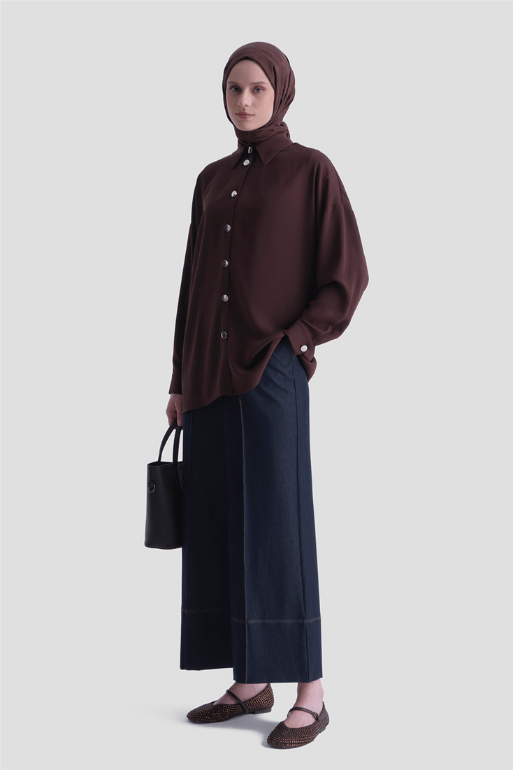 Metal Düğmeli Oversize Tunik Acı Kahve