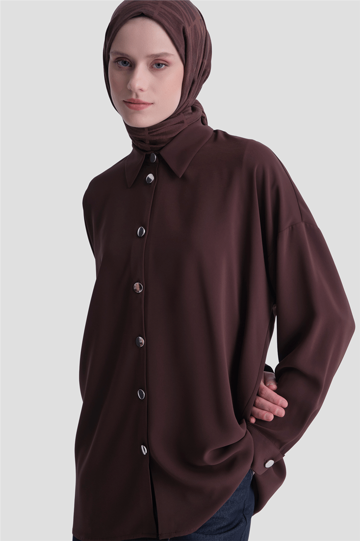 Metal Düğmeli Oversize Tunik Acı Kahve