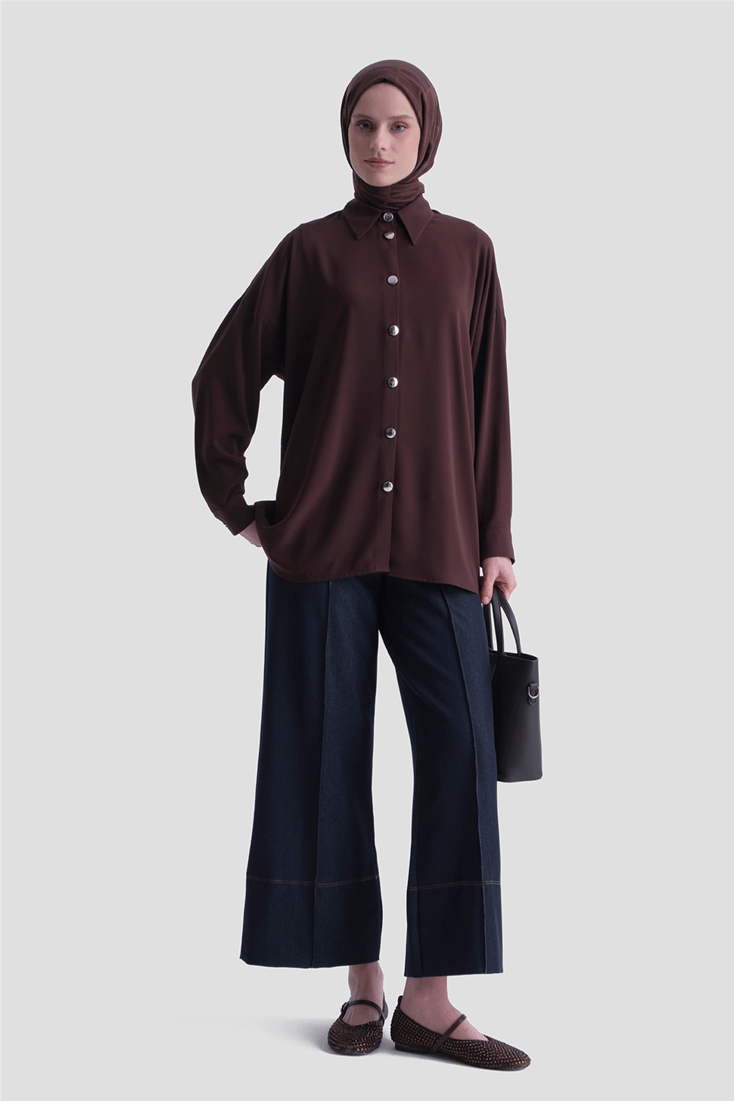 Metal Düğmeli Oversize Tunik Acı Kahve