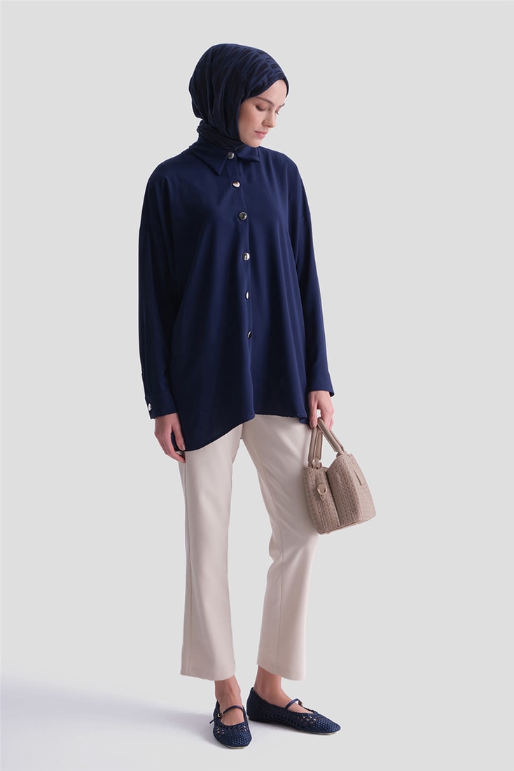 Metal Düğmeli Oversize Tunik Lacivert