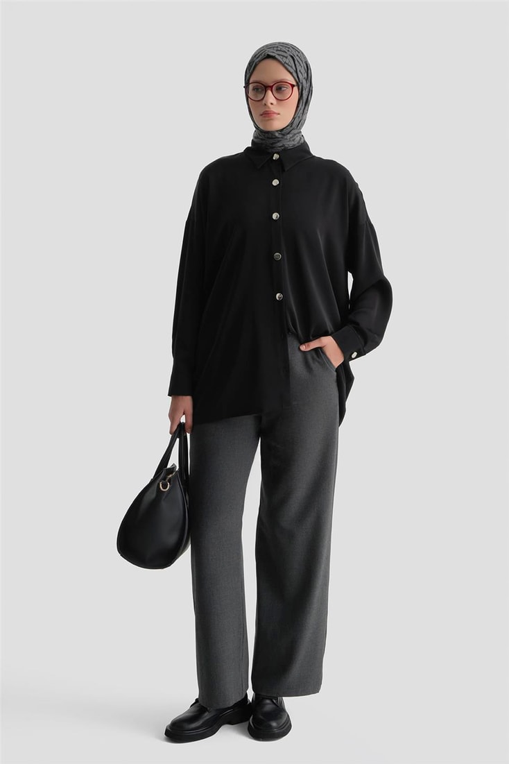 Metal Düğmeli Oversize Tunik Siyah 